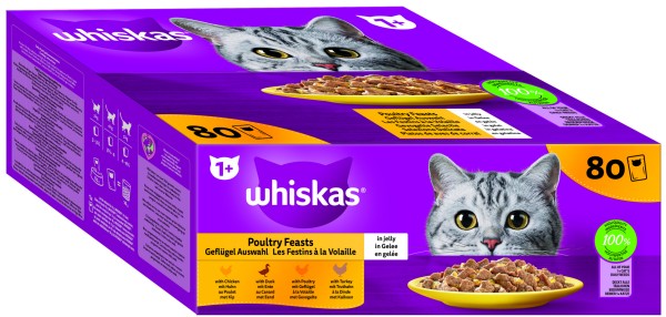 Whiskas 1+ Geflügel Auswahl in Gelee Frischebeutel Vorratspack (Katze)